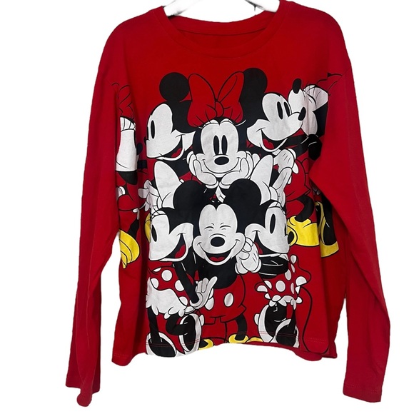 Disney Mickey Minnie Mouse Print Cropped Crew Neck Long Sleeves red tee SZ XXL - Picture 1 of 16